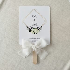 Stunning Geometric Floral Wedding Fan with gold hexagon and flowers, 6.7x5.3 inches, custom digital program for DIY.