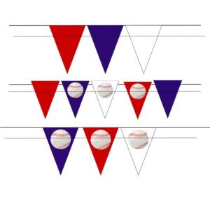 Classic Baseball Pennant Banner printable flags in red and blue, perfect for sports-themed birthdays and parties