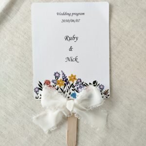 Charming Wildflowers Wedding Fan Template, 6.7x5.3 inches, with watercolor floral wreath and event timeline icons.