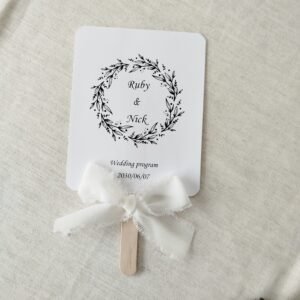 Custom Moody Floral Wedding Fan with dark circular wreath, 6.7x5.3 inches, personalized digital program for DIY assembly.