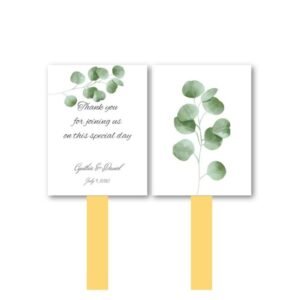 Enchanting Eucalyptus Wedding Program Fan with botanical greenery and names on a DIY wooden stick.
