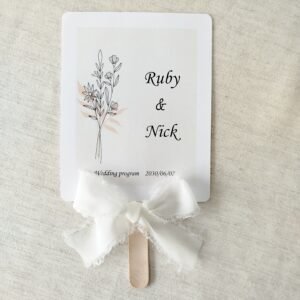 Enchanting Wildflower Wedding Fan Template, 6.7x5.3 inches, with purple watercolor flowers and an event timeline.