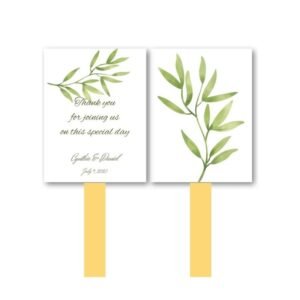 Personalized Wedding Program Fan Template with watercolor greenery and wooden handle.