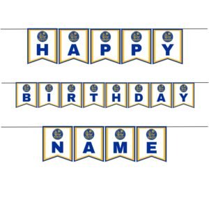 Blue and gold basketball birthday banner flags with bridge emblem and pinstripes