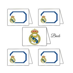 Legendary Real Madrid Party Place Cards in a 3.5x2.5 inch folded tent style for soccer theme events.
