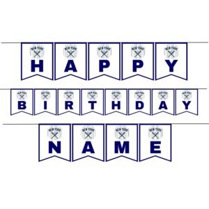 New York style baseball birthday banner with navy blue pinstripes and white flags