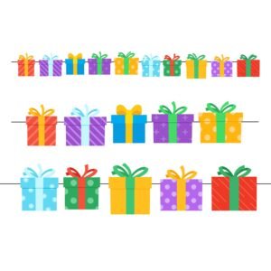 A colorful printable gift box garland featuring 10 different present designs for party decoration.