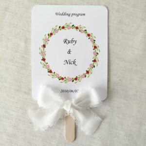 Radiant Floral Wreath Wedding Fan Template, 6.7x5.3 inches, with a watercolor floral circle and a modern event timeline.