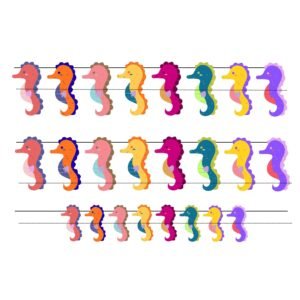 Colorful seahorse garland printable cutouts in various sizes for ocean themed party.