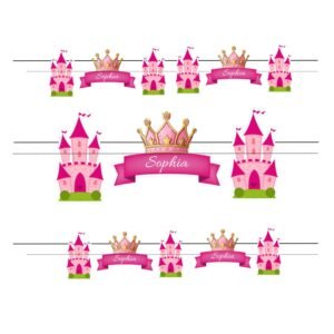 Stunning Large Personalized Princess Castle Banner with custom name, 24-27cm height figures for a royal birthday party.