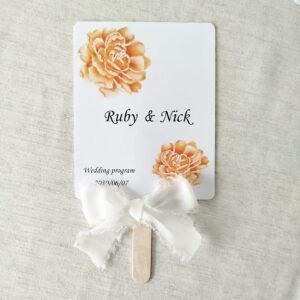 Stunning Orange Peony Wedding Fan Template, 6.7x5.3 inches, with vibrant watercolor flowers and a modern timeline.