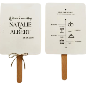 Unforgettable Minimalist Wedding Fan Program with a modern black and white timeline and icons.