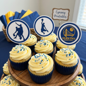 Golden City basketball party supplies printable cupcake toppers blue and gold