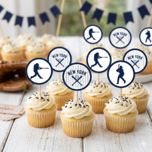 Amazing New York style printable baseball cupcake toppers with navy pinstripes and batter silhouettes on a party table.