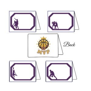 Amazing purple and gold printable basketball place cards with MVP logo.