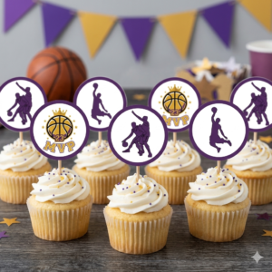 Amazing printable basketball cupcake toppers with MVP logo and player silhouettes in purple and gold.