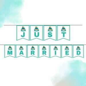 Amazing Printable Just Married Banner Mint with vintage teal van design