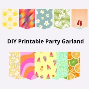 Printable Summer Party Garland 5.5x7 inch pennants with 10 designs and B&W alphabet