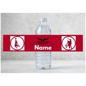 Custom Chicago Basketball water bottle labels in red and black with bull logo and custom name for sports party.