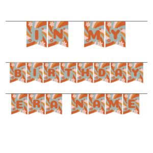 Personalized Groovy Birthday Era Banner with custom name on A4 sheet 2 flags per page featuring clouds and sunbeams