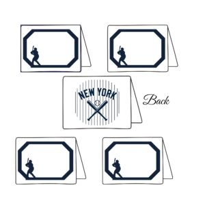 New York style printable baseball place cards with pinstripe design and batter silhouette for party table decor.