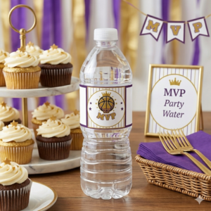 Printable purple and gold basketball water bottle labels with MVP logo for sports themed party.