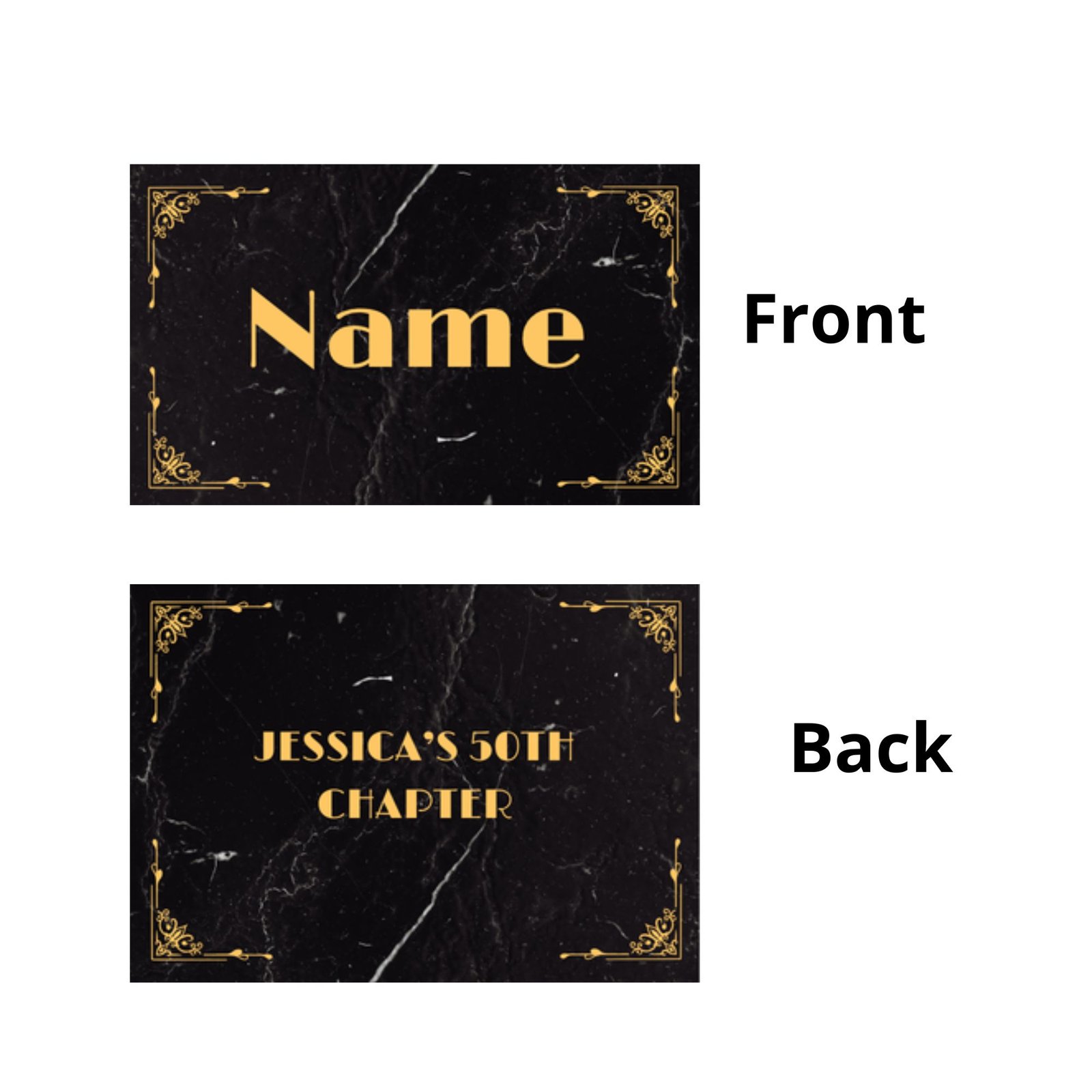 Double-sided Art Deco tent place cards 3.5x2 inches with gold name and black marble background.