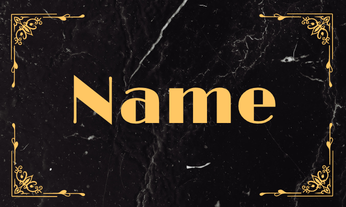 Double-sided Art Deco tent place cards 3.5x2 inches with gold name and black marble background.