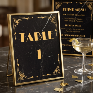 Instant download Gatsby table numbers 1 to 30, gold Art Deco style on black marble, 5x7 inch printable cards