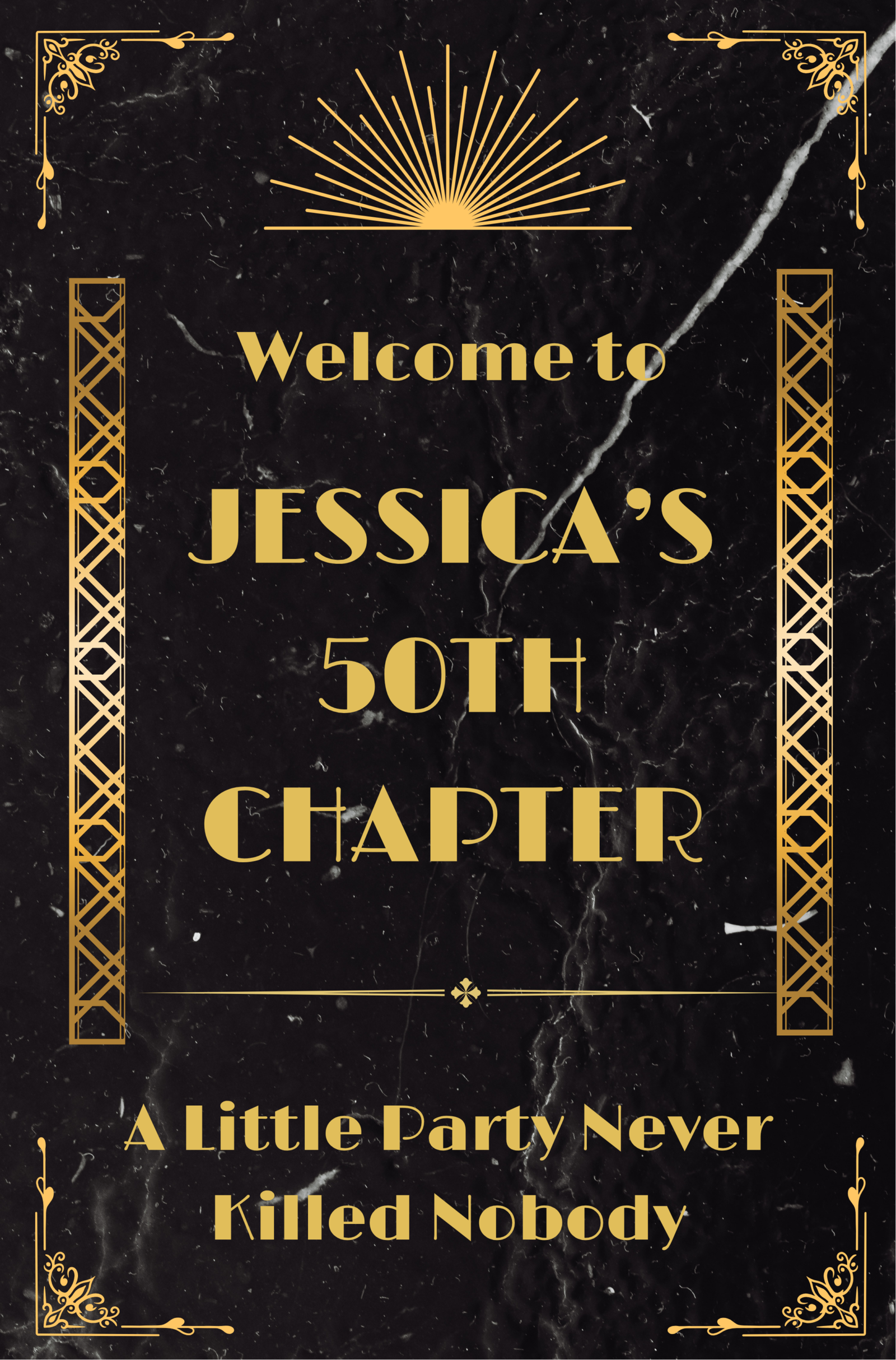 arge 24x36 Gatsby Welcome Sign with gold art deco sunburst and black marble background for party entrance.