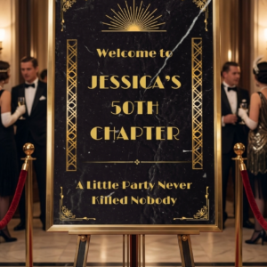 arge 24x36 Gatsby Welcome Sign with gold art deco sunburst and black marble background for party entrance.