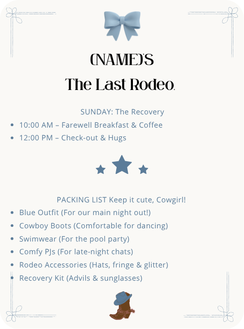 Editable 5x7 printable bachelorette itinerary for a Coastal Cowgirl party with blue bow and western boots aesthetic