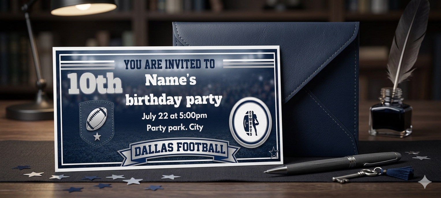 Complete Dallas football themed birthday party bundle with invitation, decor, and favor tags