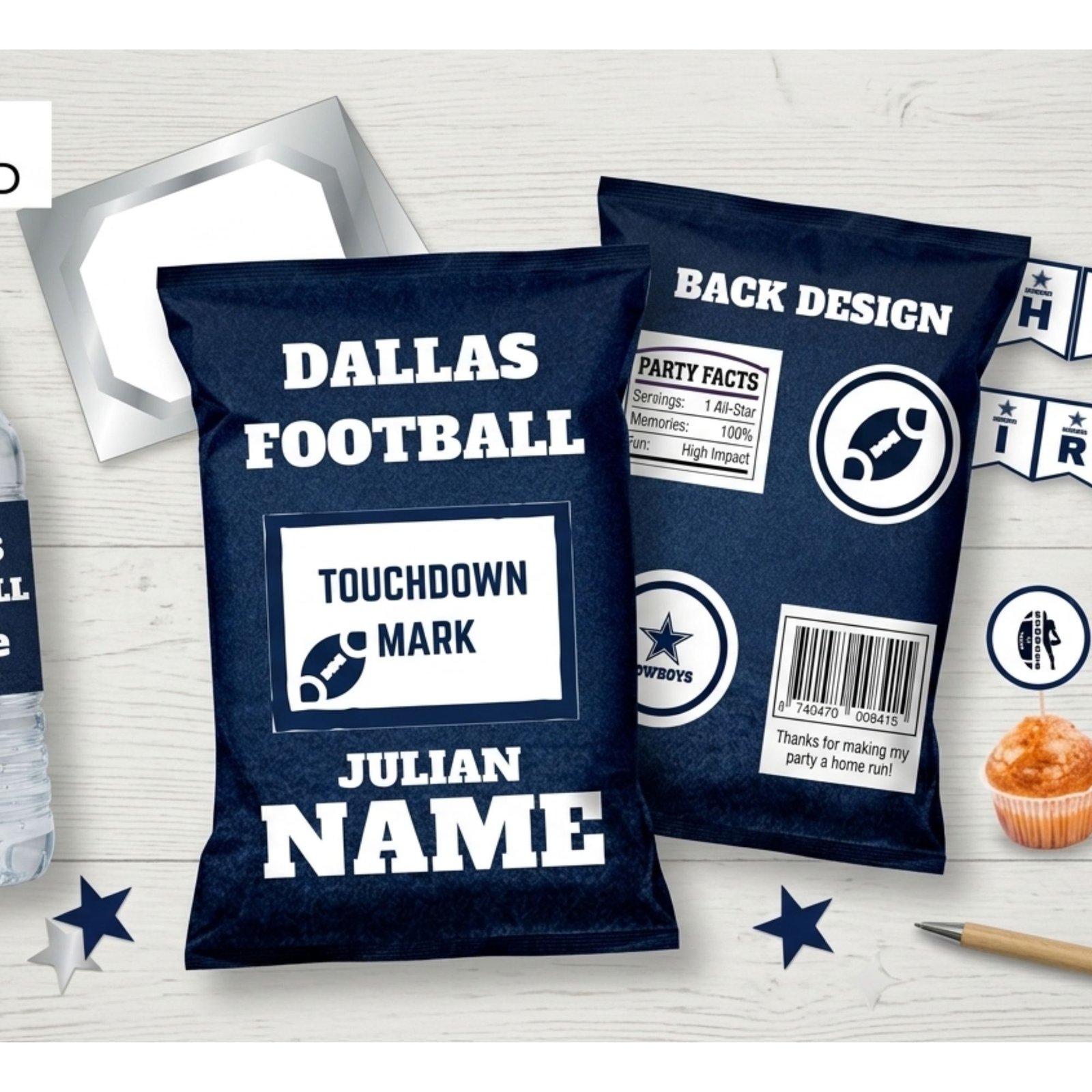 Complete Dallas football themed birthday party bundle with invitation, decor, and favor tags