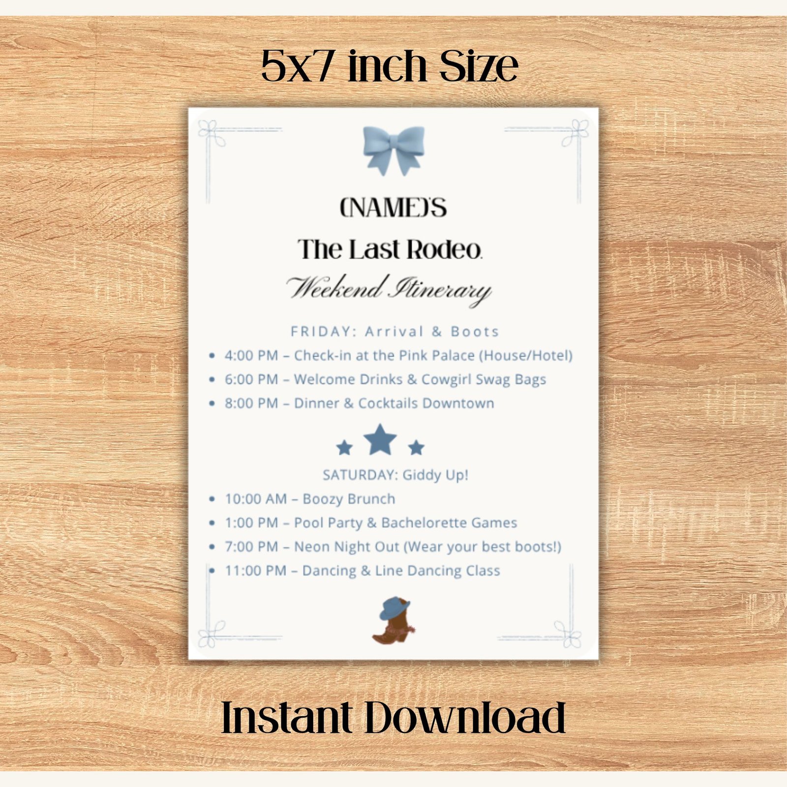 Editable 5x7 printable bachelorette itinerary for a Coastal Cowgirl party with blue bow and western boots aesthetic