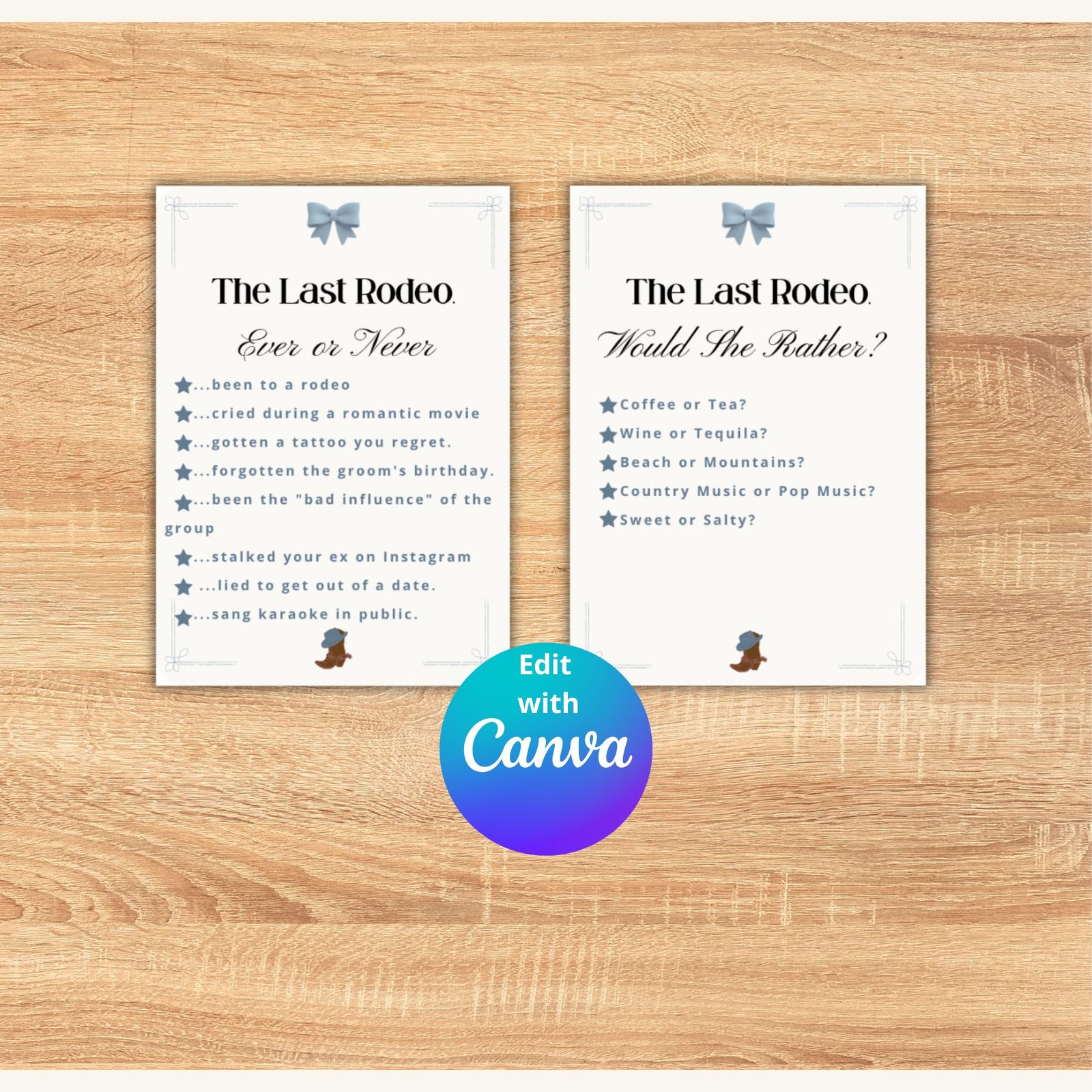 Set of 5 blue editable bachelorette games for a Coastal Cowgirl party including Drink If, Would She Rather, and Bride Trivia