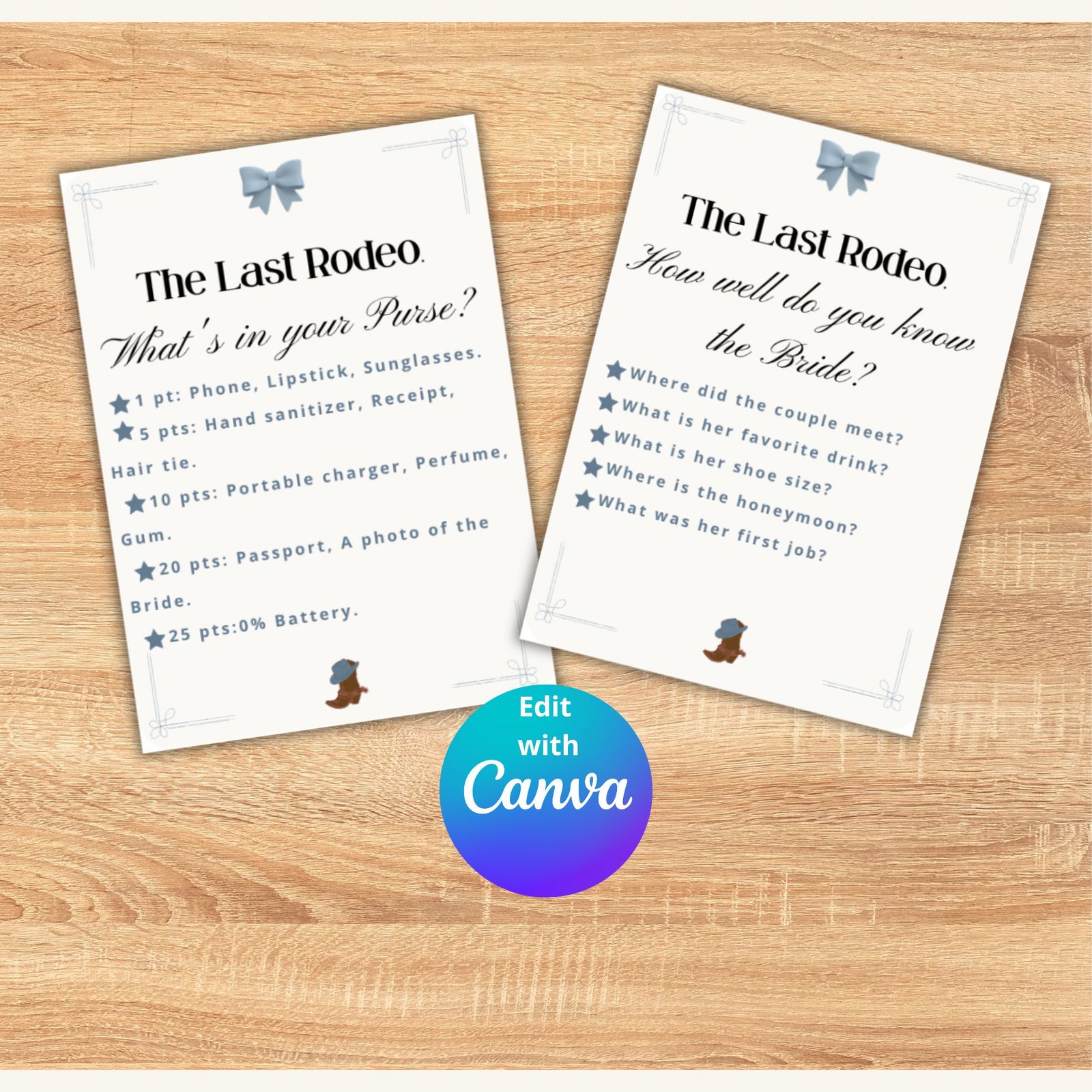 Set of 5 blue editable bachelorette games for a Coastal Cowgirl party including Drink If, Would She Rather, and Bride Trivia
