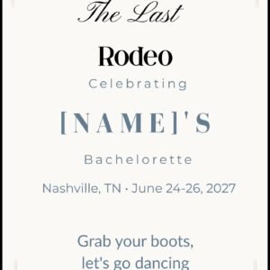Editable Coastal Cowgirl bachelorette invitation template in blue with western boots and bow graphics