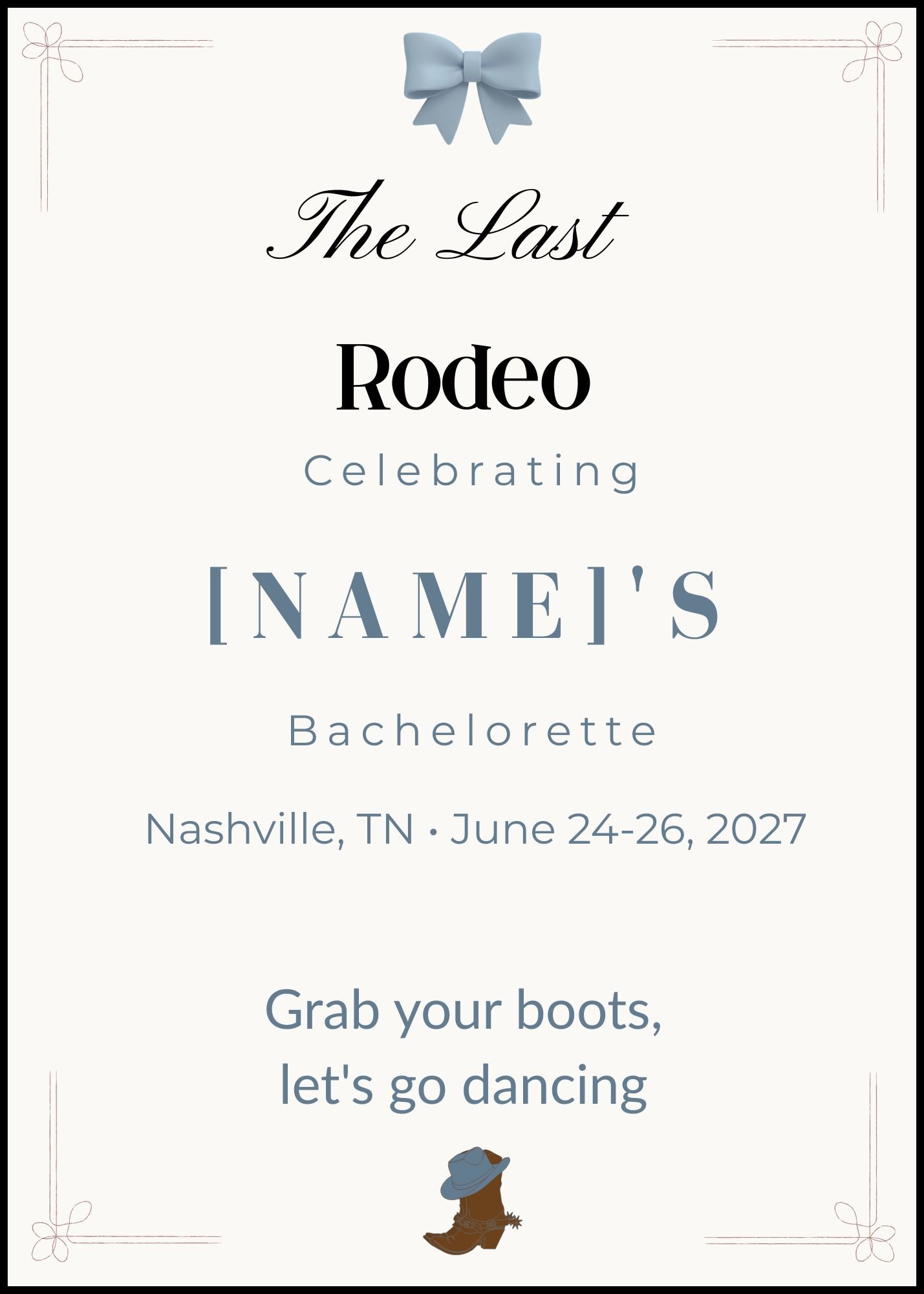 Editable Coastal Cowgirl bachelorette invitation template in blue with western boots and bow graphics