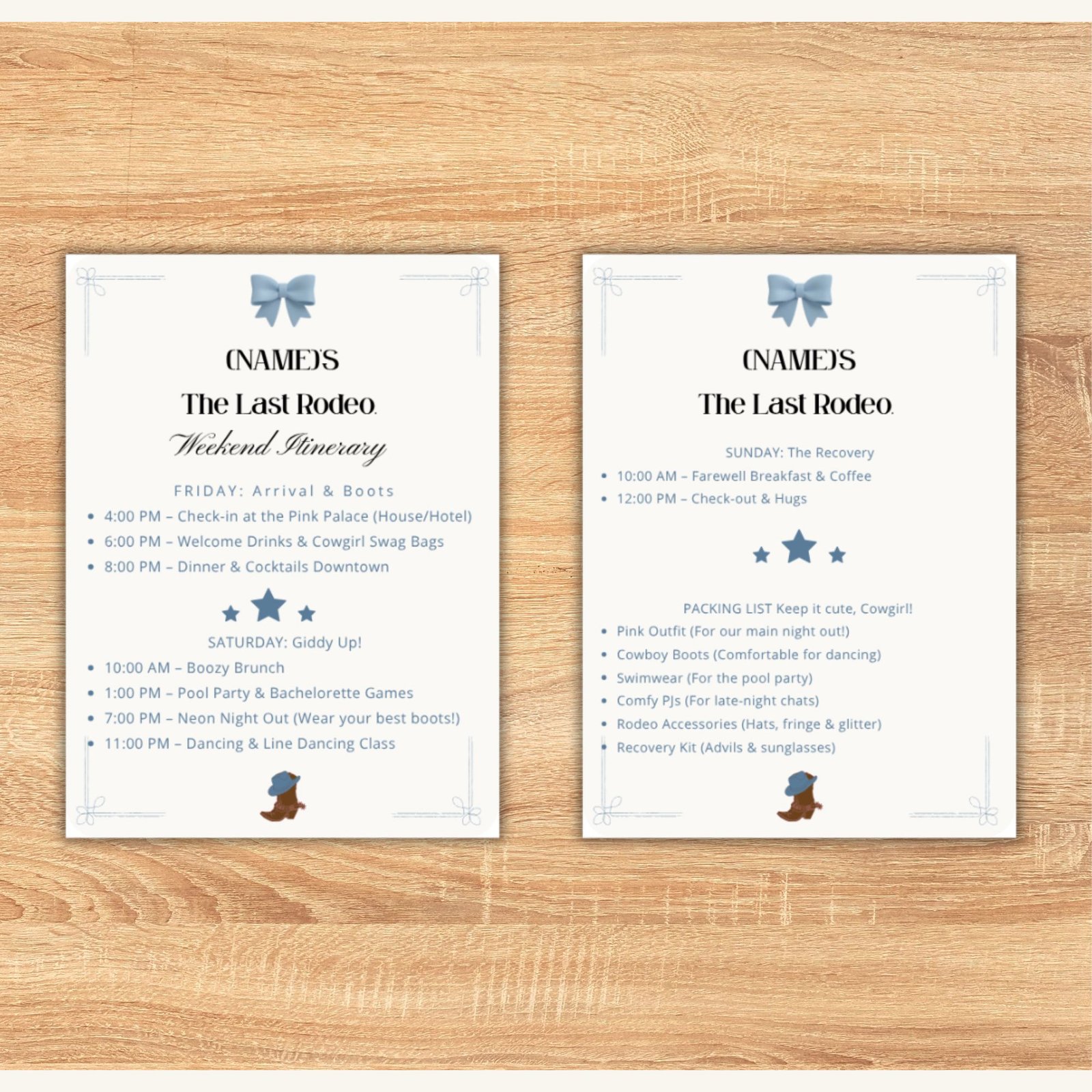 Editable 5x7 printable bachelorette itinerary for a Coastal Cowgirl party with blue bow and western boots aesthetic