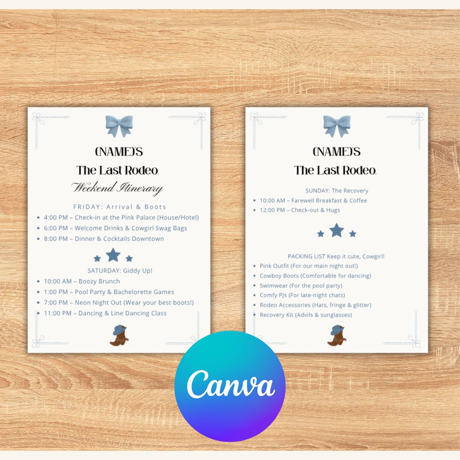 Editable 5x7 printable bachelorette itinerary for a Coastal Cowgirl party with blue bow and western boots aesthetic