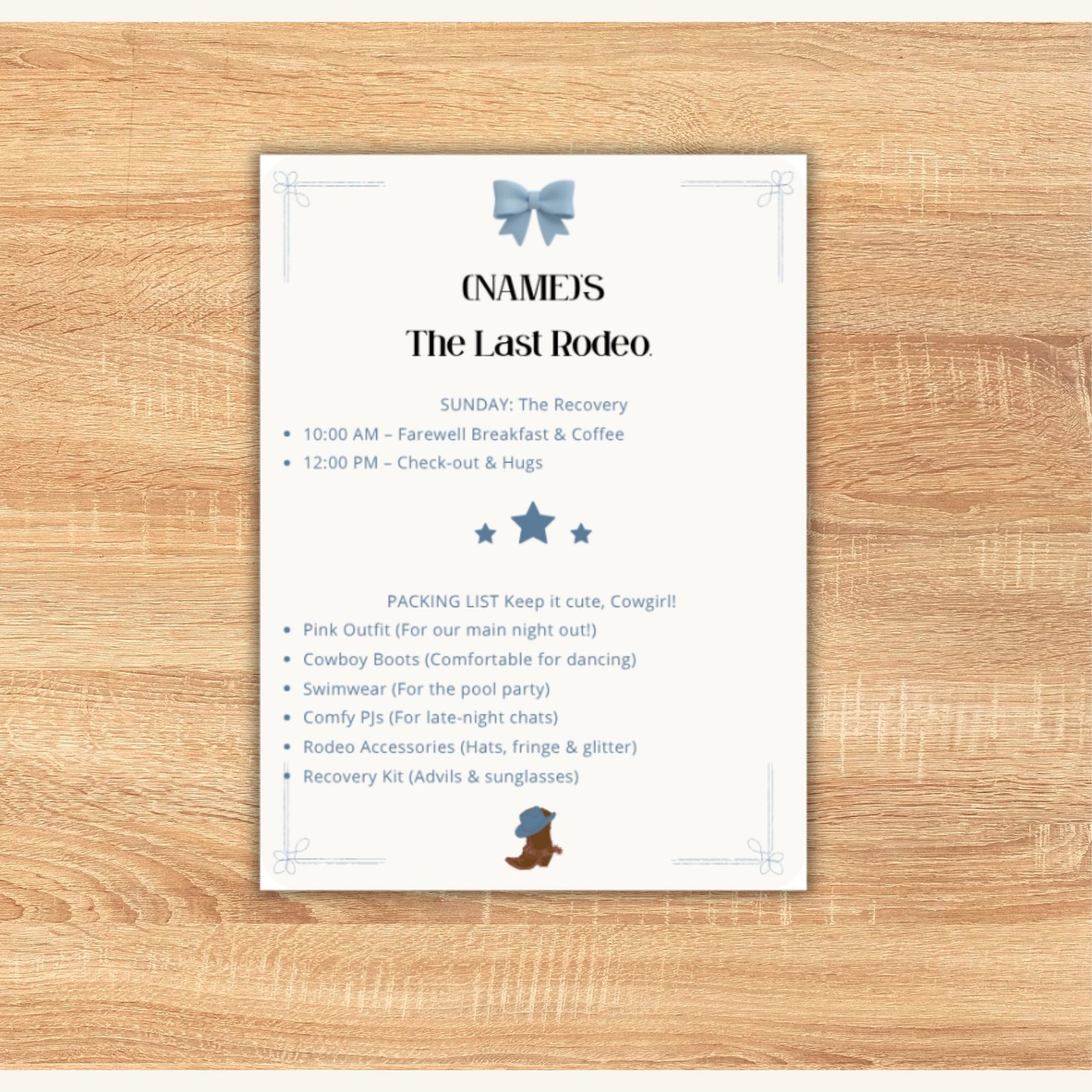 Editable 5x7 printable bachelorette itinerary for a Coastal Cowgirl party with blue bow and western boots aesthetic