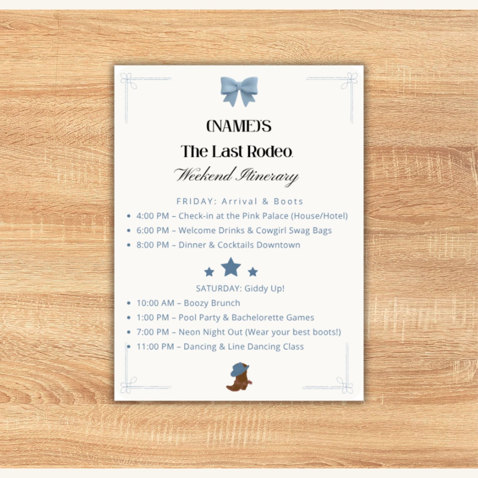 Editable 5x7 printable bachelorette itinerary for a Coastal Cowgirl party with blue bow and western boots aesthetic