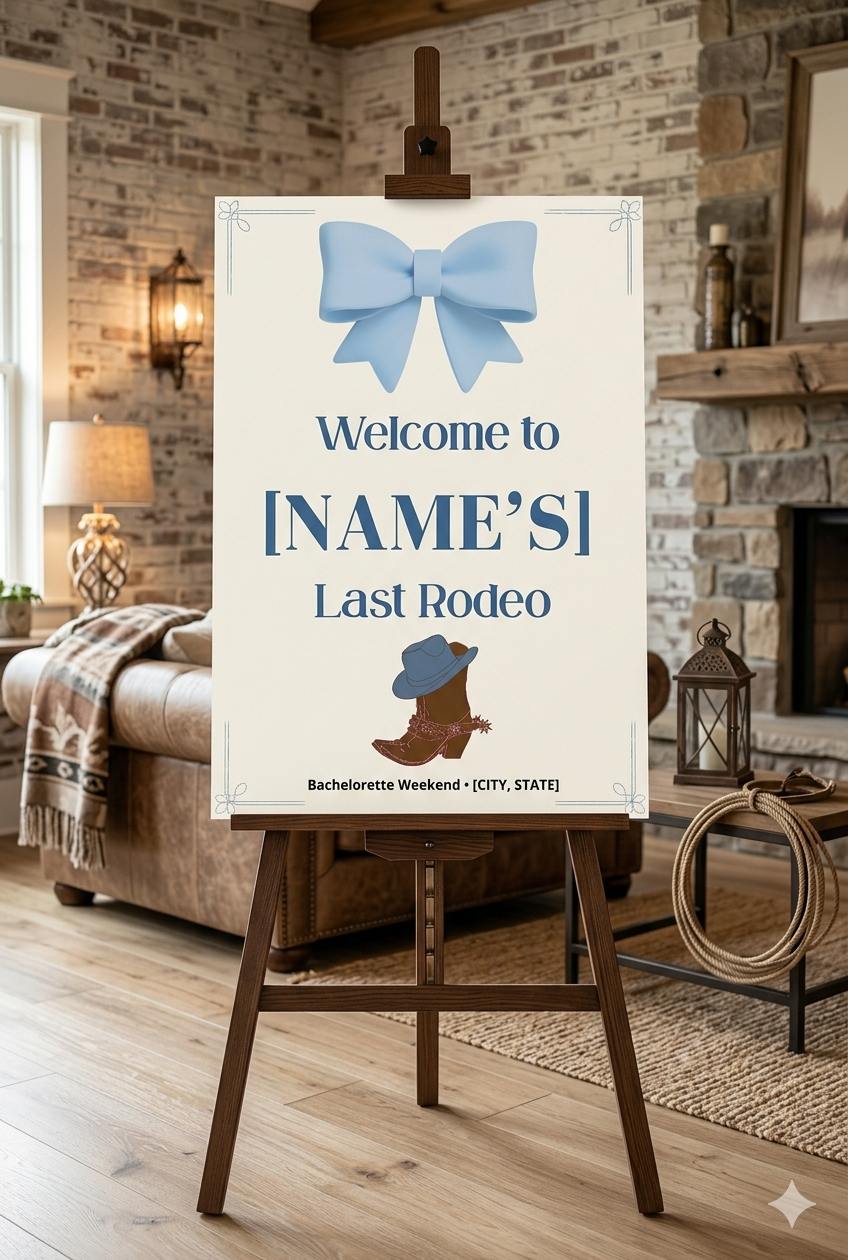 Large 24x36 editable Coastal Cowgirl bachelorette welcome sign in blue with western hat and bow graphics