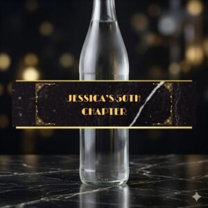 Personalized Gatsby water bottle labels with gold art deco frame on black marble for 1920s party.