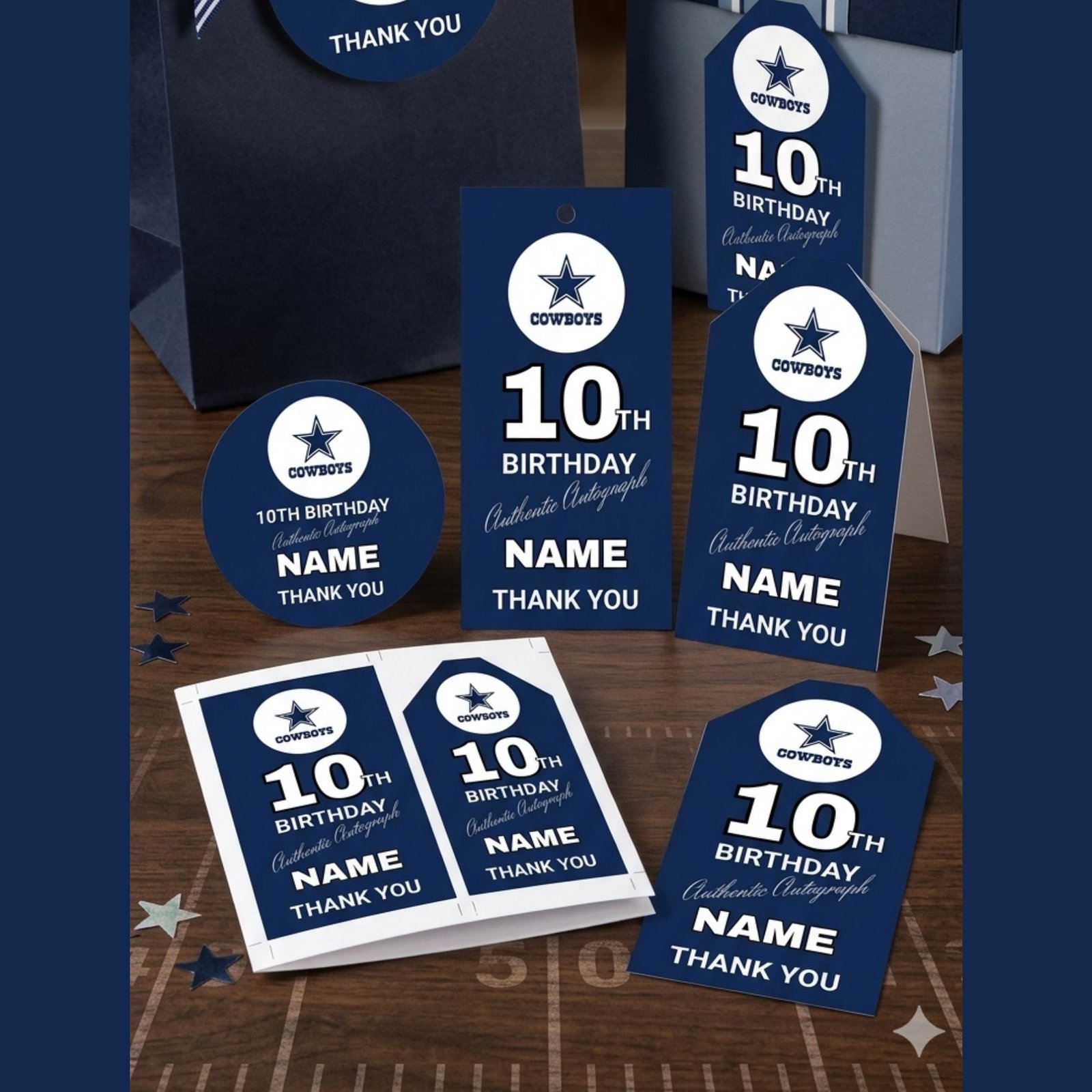 Complete Dallas football themed birthday party bundle with invitation, decor, and favor tags