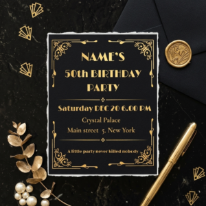 Gatsby 50th birthday invitation card with gold art deco frame on black marble background