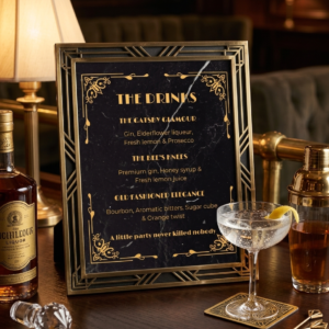 Gatsby drink menu framed on a sophisticated speakeasy bar with a vintage cocktail coupe and Art Deco decor