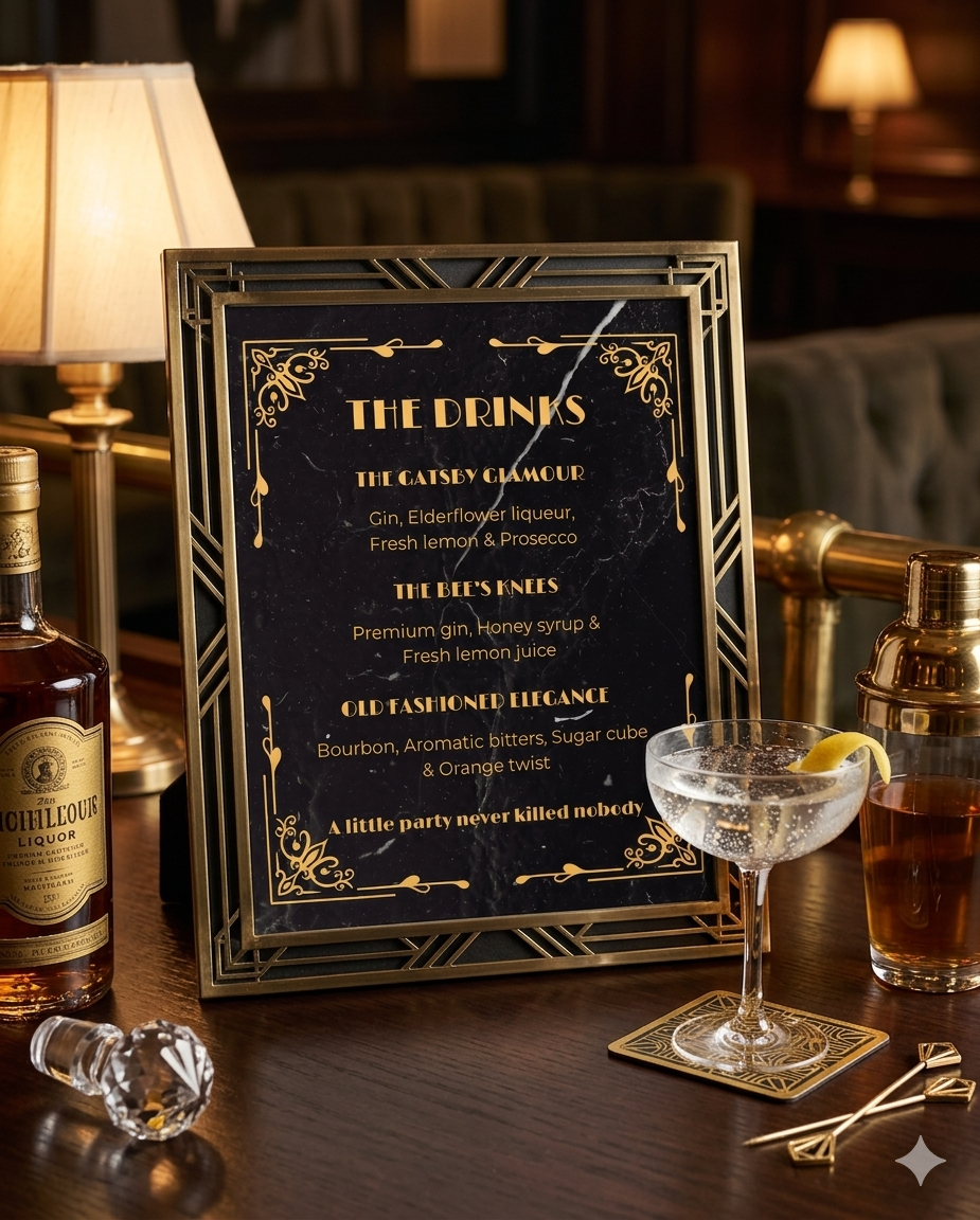 Gatsby drink menu framed on a sophisticated speakeasy bar with a vintage cocktail coupe and Art Deco decor