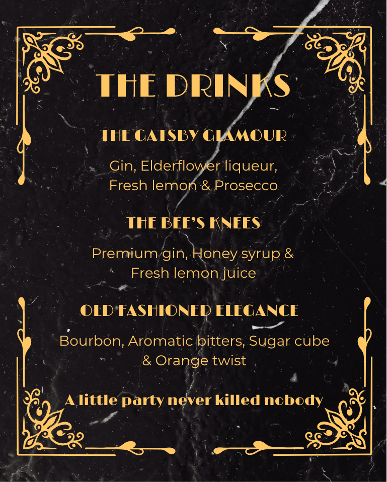 Gatsby drink menu framed on a sophisticated speakeasy bar with a vintage cocktail coupe and Art Deco decor
